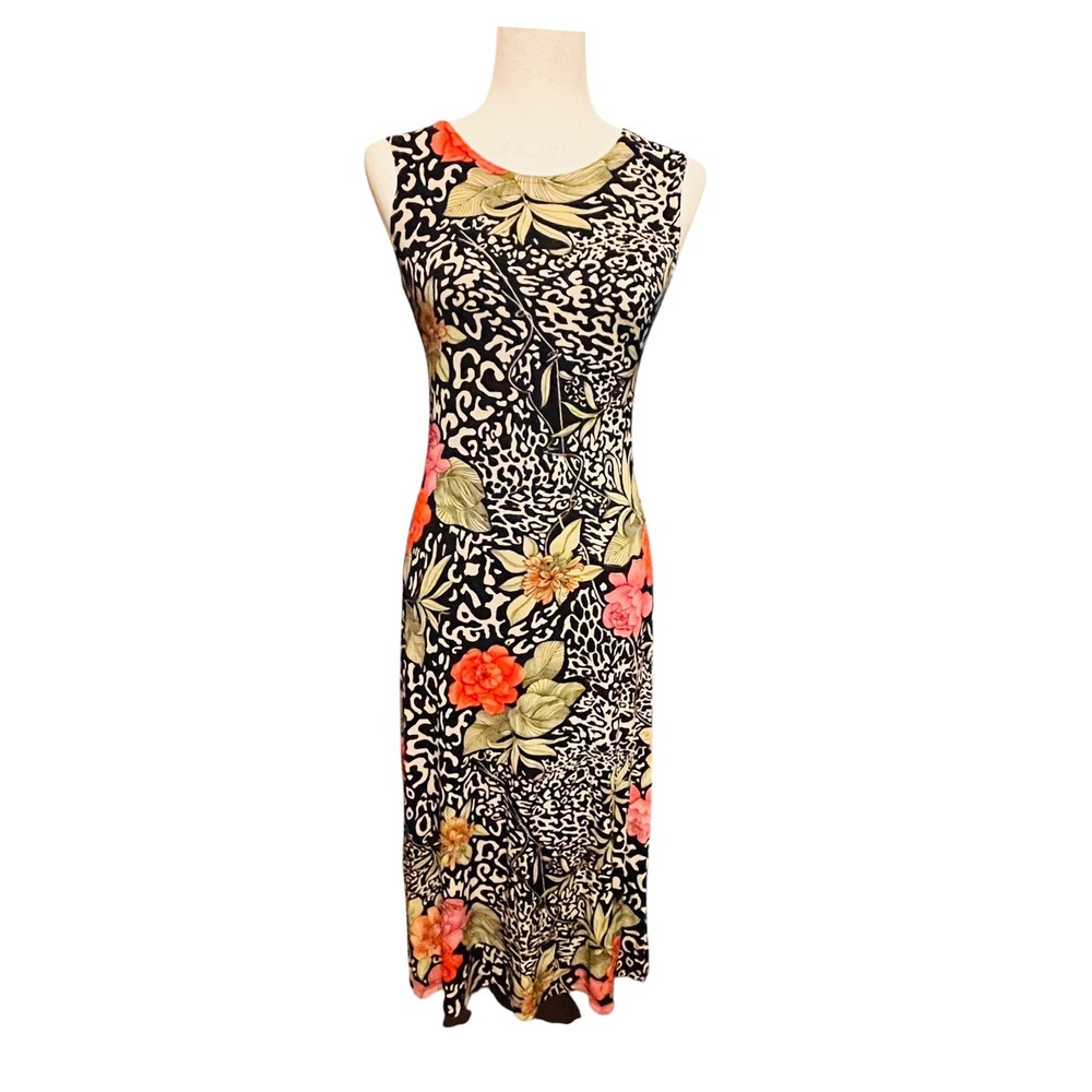 mixik Maxi Dress Womens M Black Floral Leopard Print 90s Y2K Bodycon USA Slinky